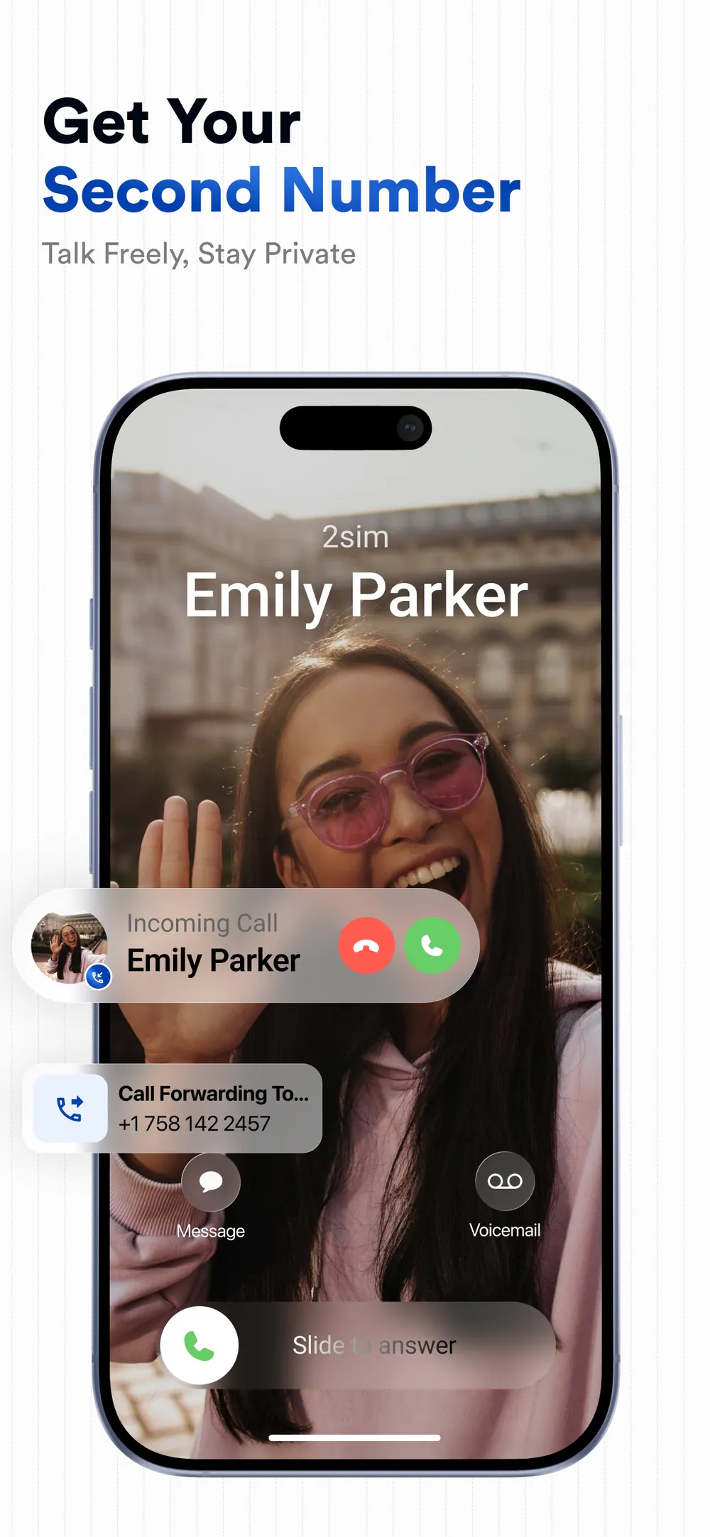 2SIM incoming call experience with call forwarding, messaging, and voicemail actions