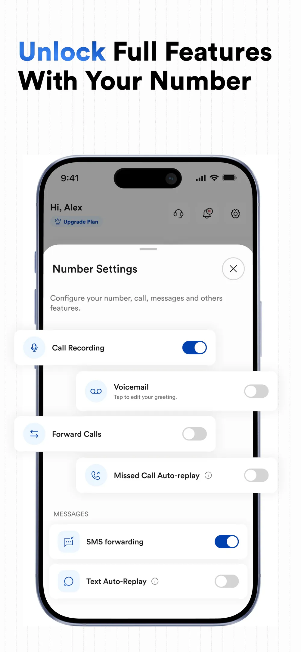 2SIM number settings for recording, voicemail, forwarding, and automatic replies