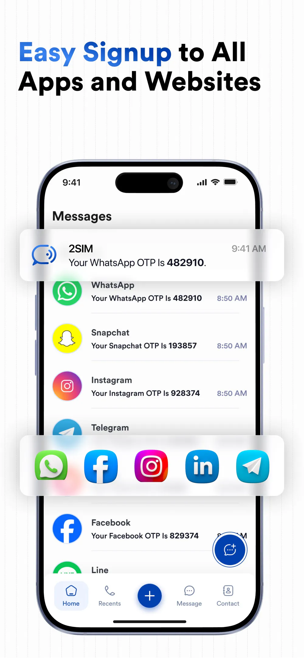 2SIM message inbox showing OTP verification messages for online services