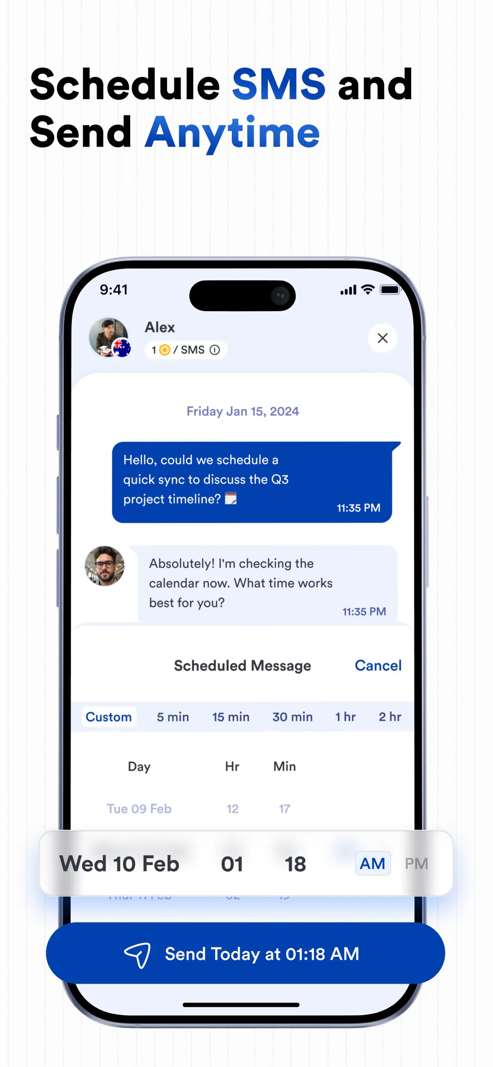 2SIM conversation screen with scheduled SMS date and time selection