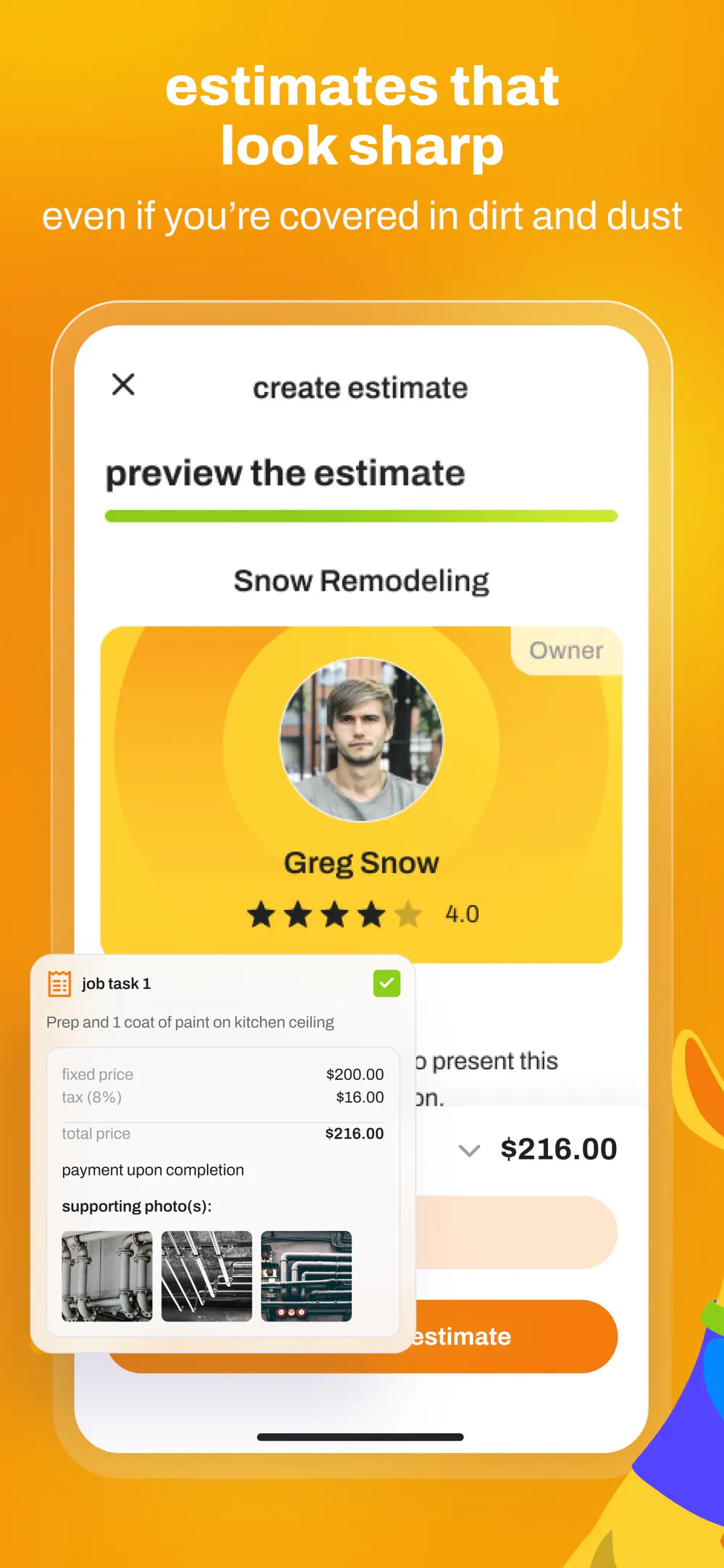 Indepro estimate preview with job tasks, tax, pricing, and supporting photos