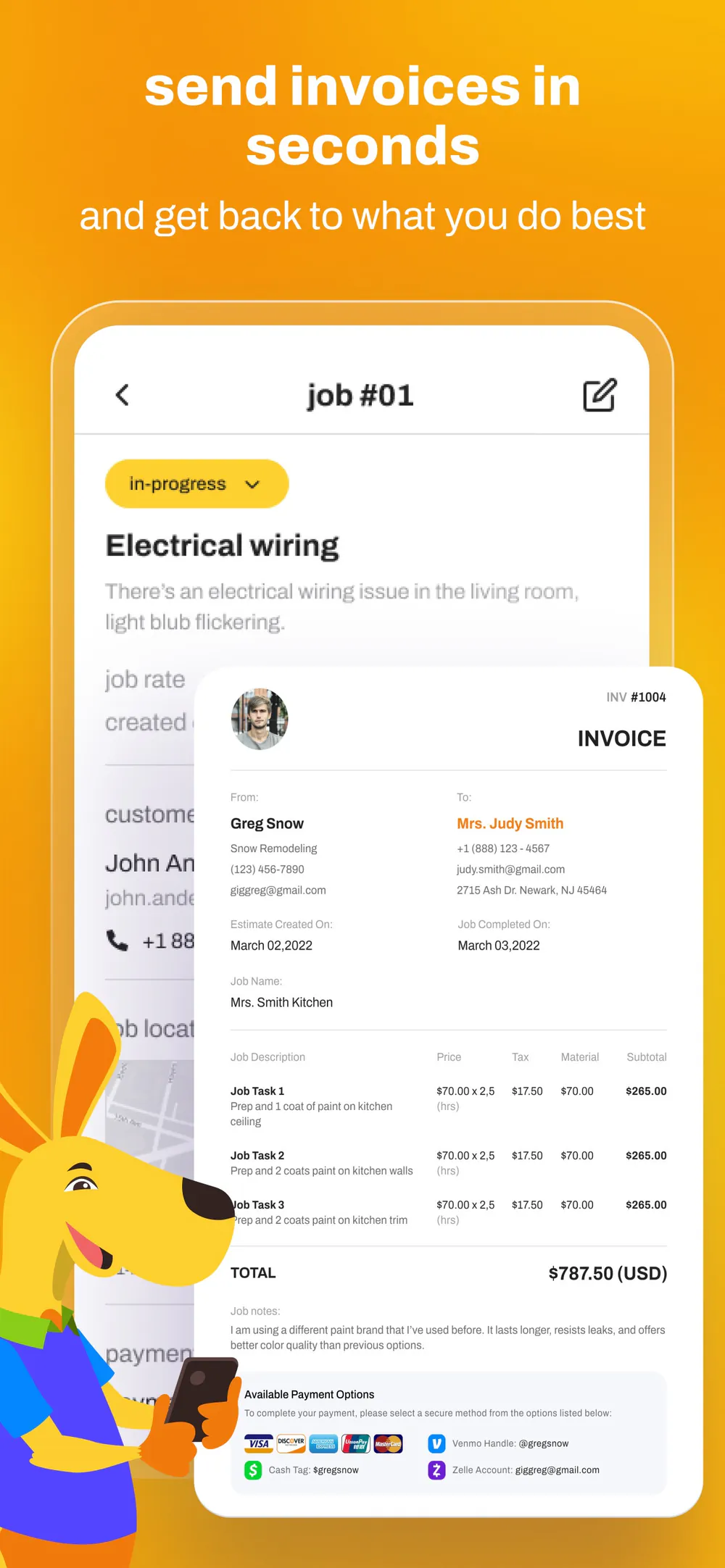 Indepro job and professional invoice with customer details and payment options