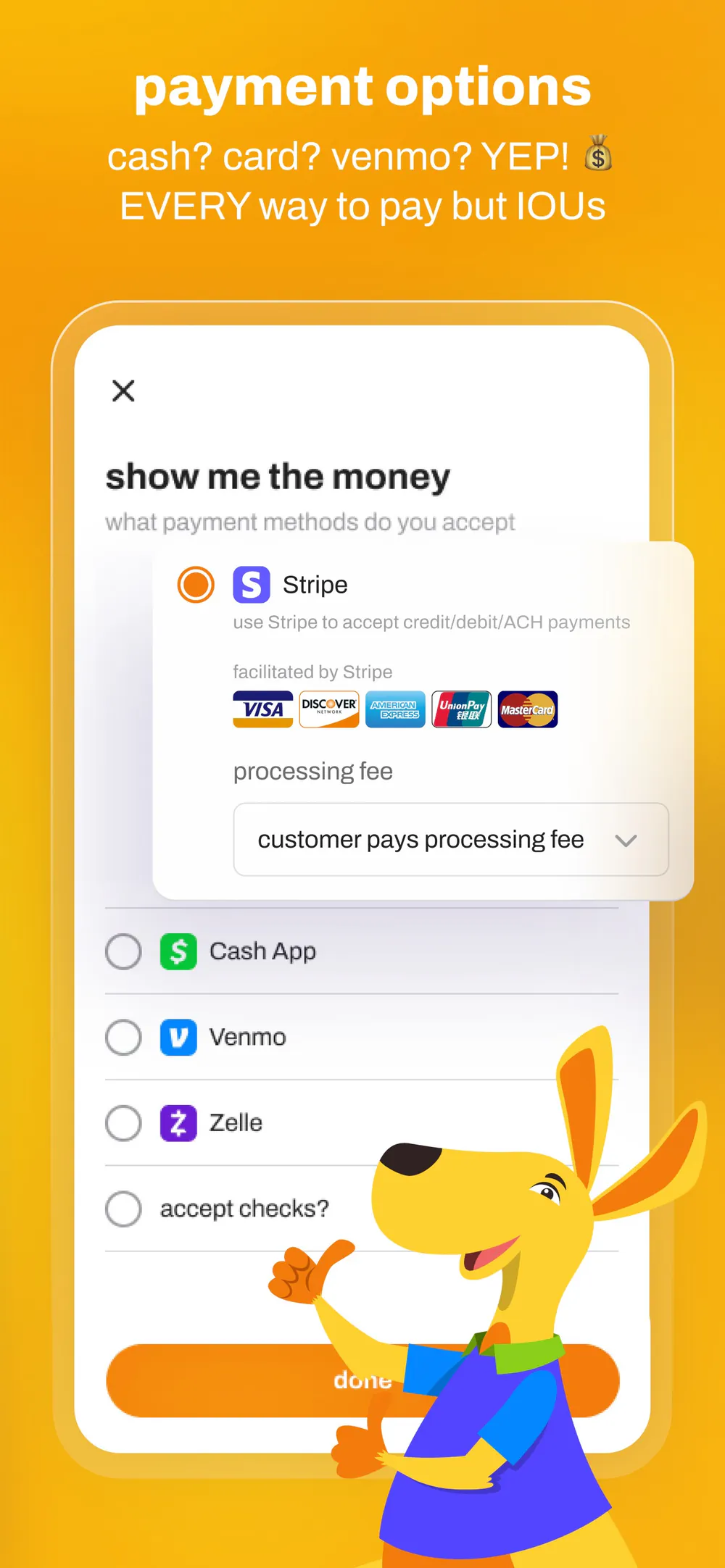 Indepro payment configuration with card, Cash App, Venmo, Zelle, and check options