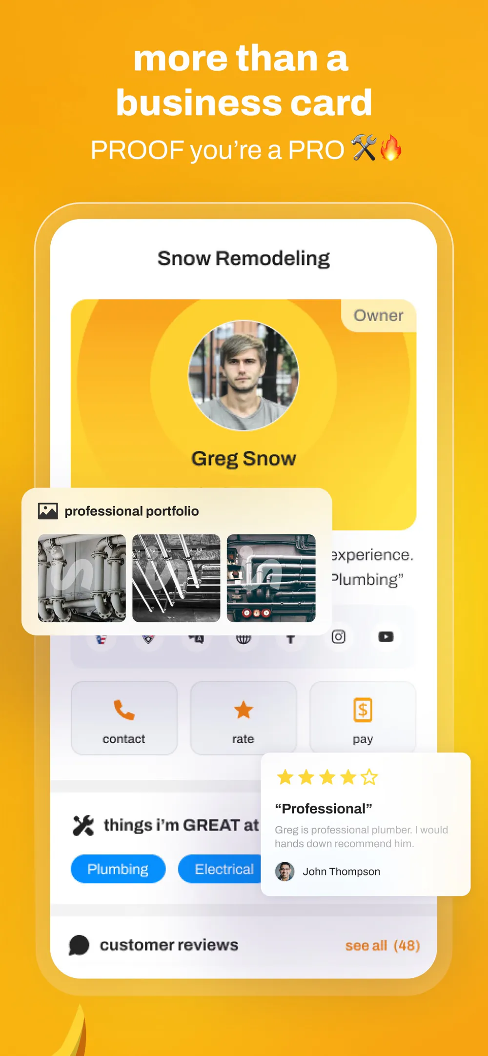 Indepro professional profile with portfolio images, skills, and customer reviews