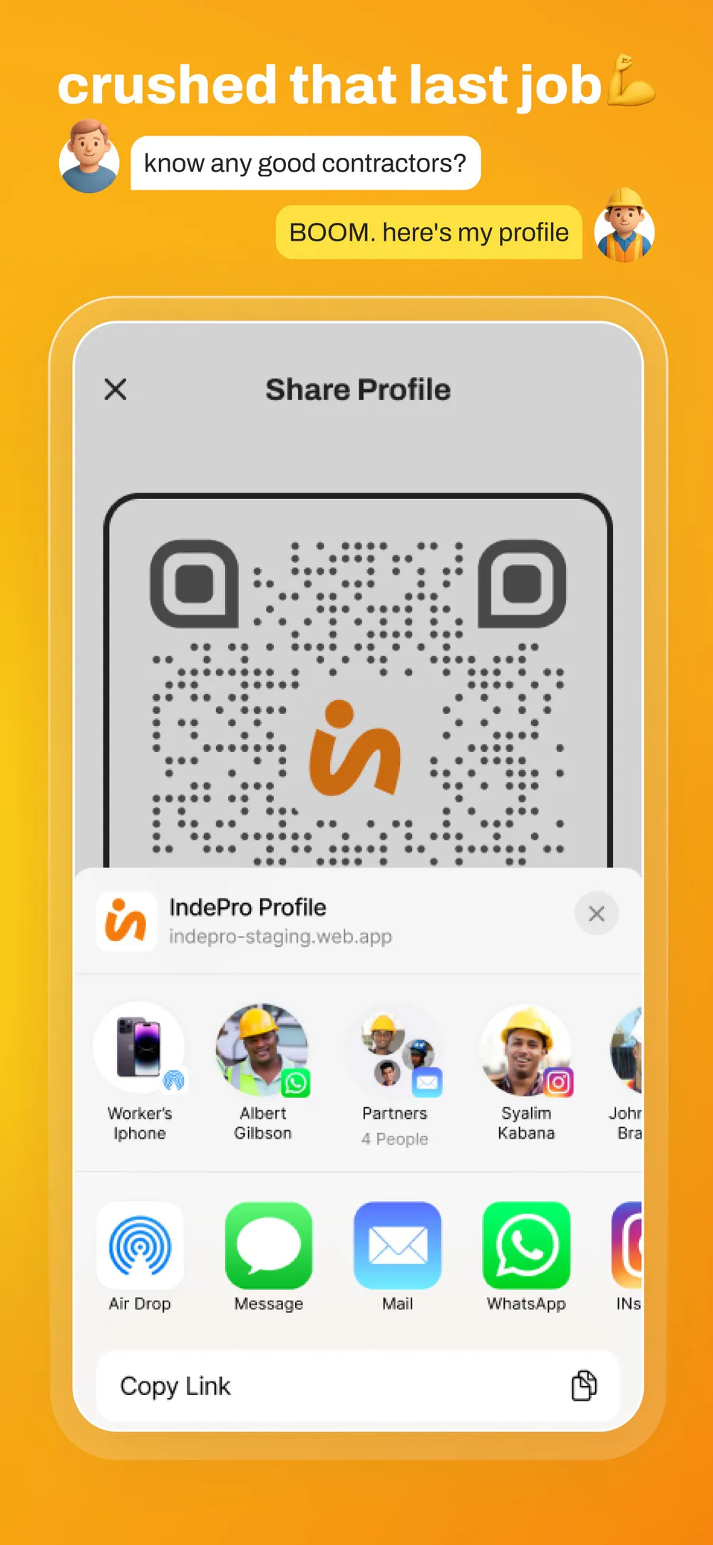 Indepro profile sharing through a personalized QR code, direct link, and messaging apps