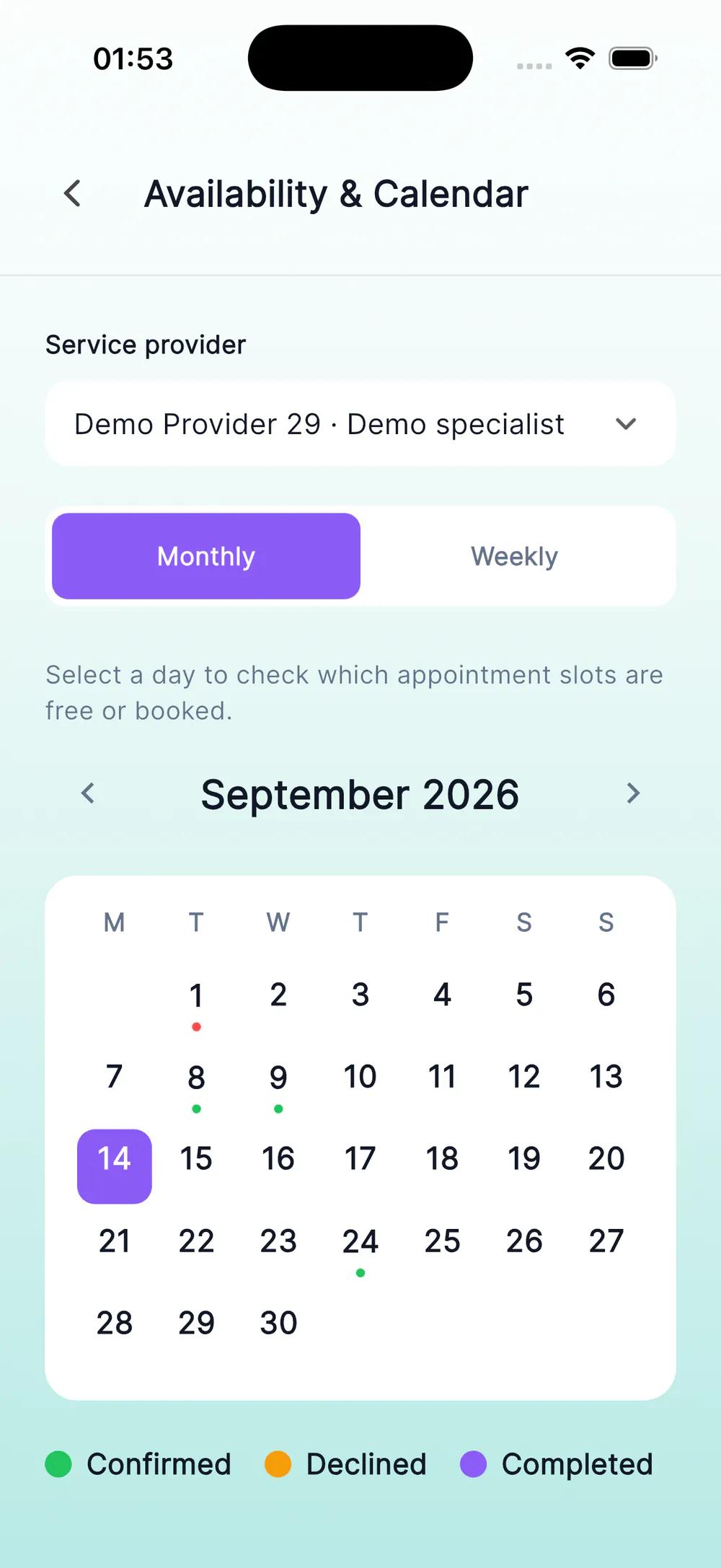 MultiBook provider availability calendar with monthly and weekly views