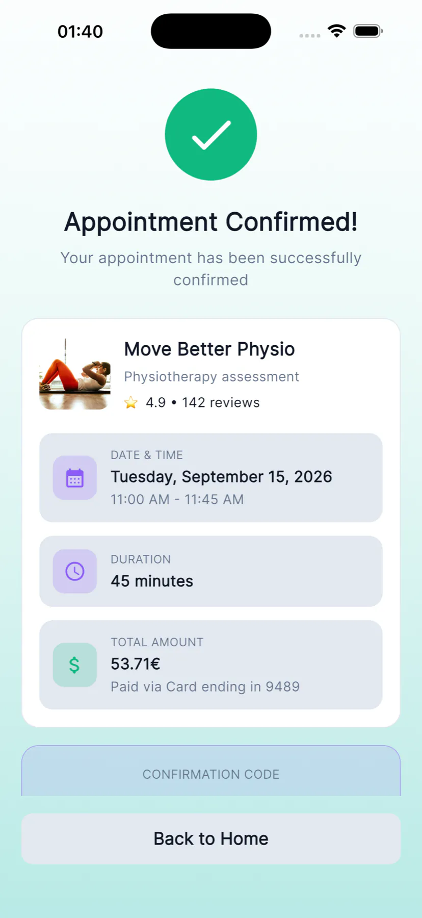 MultiBook customer appointment confirmation with service, schedule, duration, and payment details