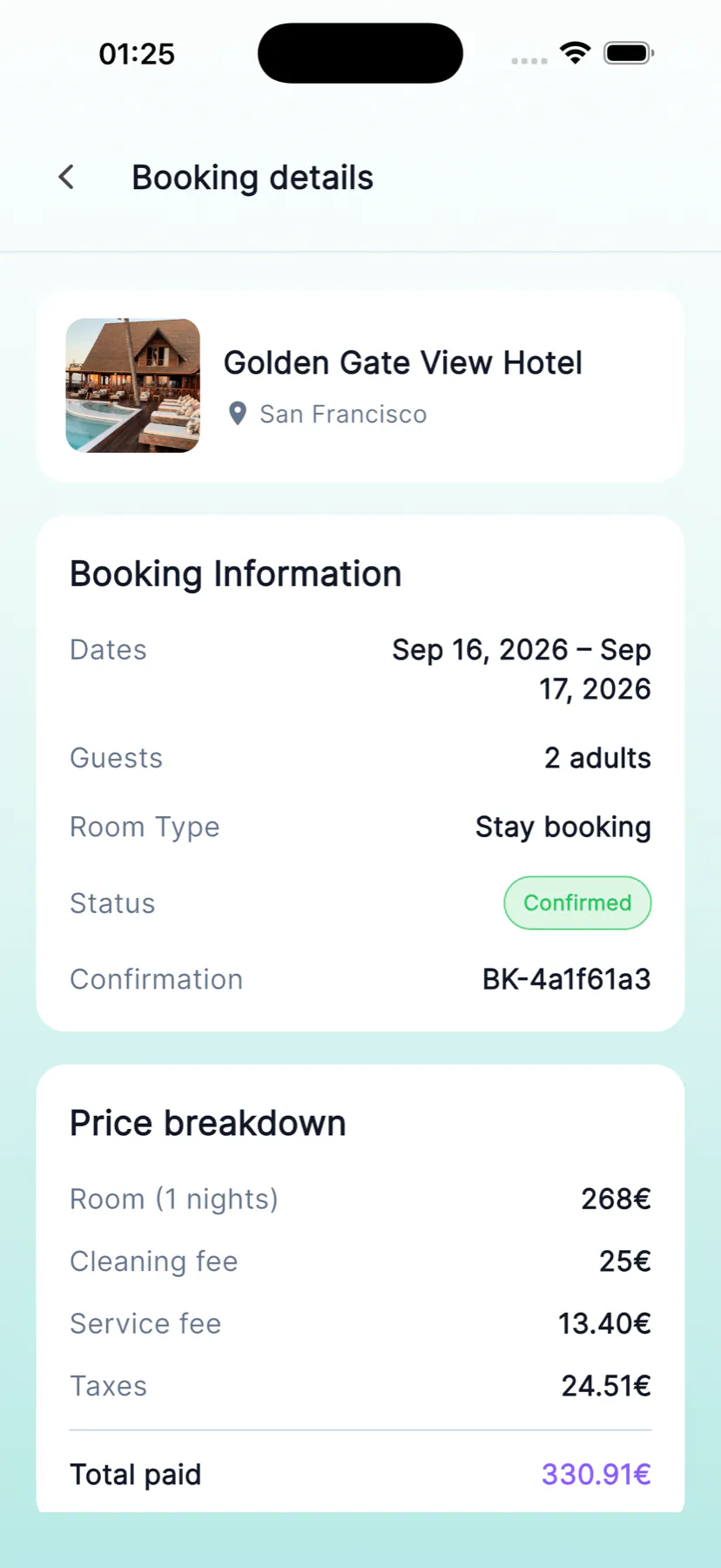 MultiBook customer booking details with reservation status and price breakdown