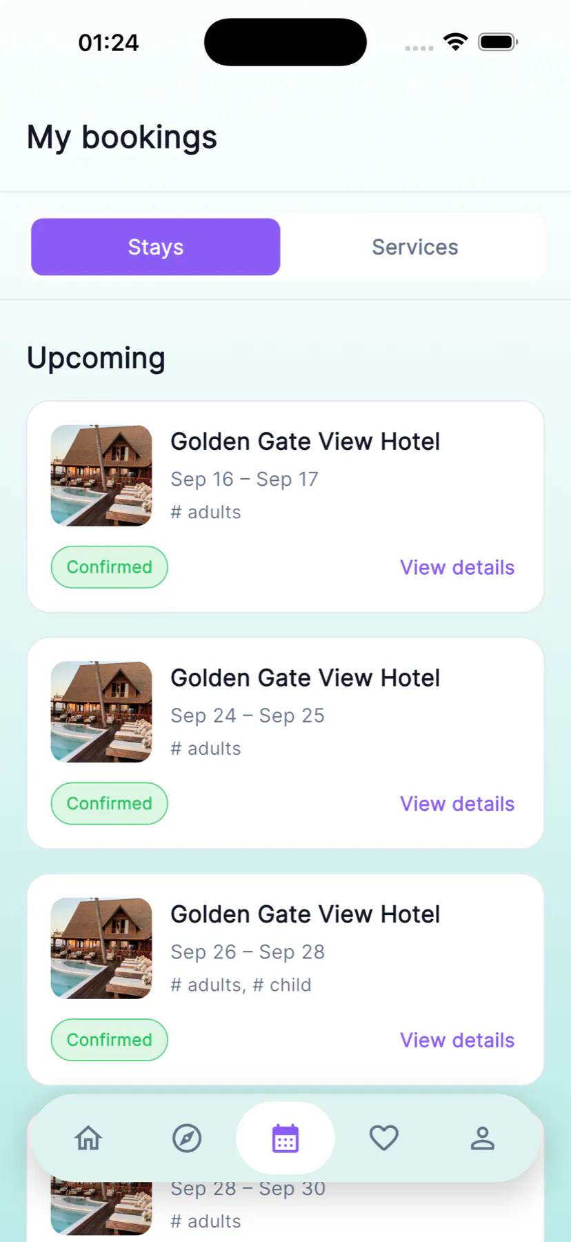MultiBook customer booking list with stays and services tabs
