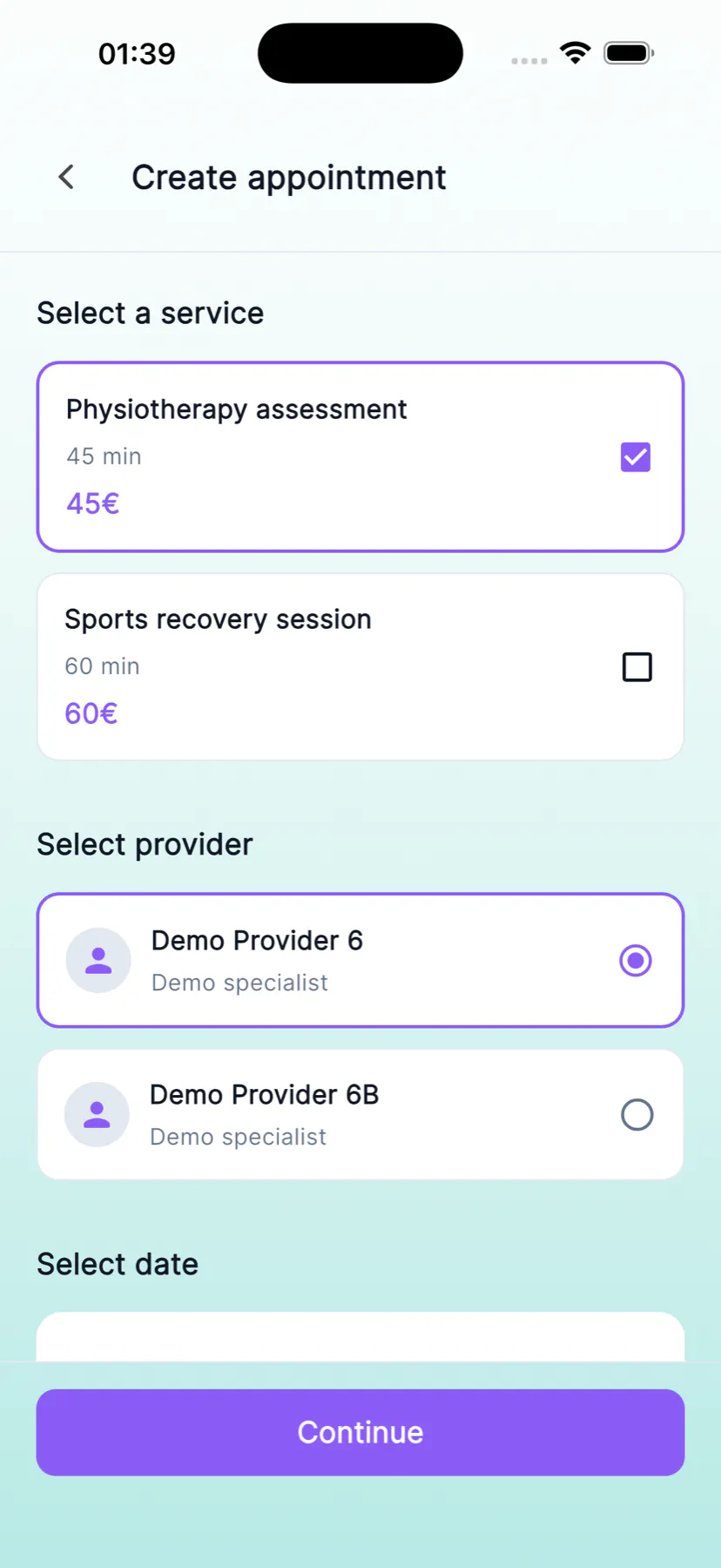 MultiBook customer appointment flow with service, provider, date, and time selection