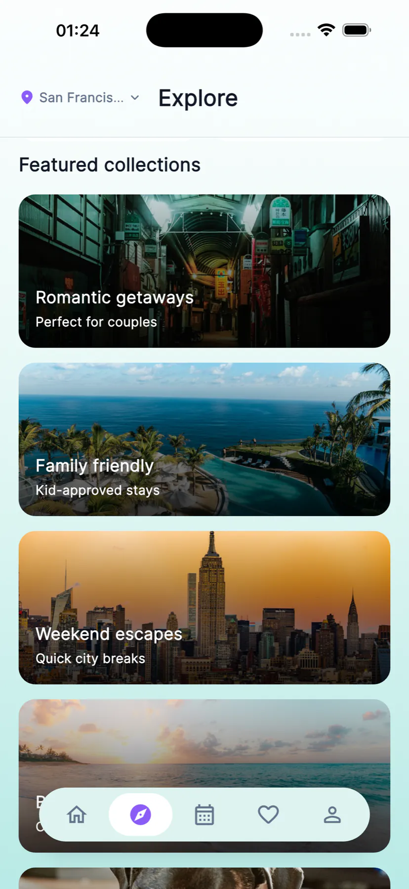MultiBook customer explore screen with curated travel collections