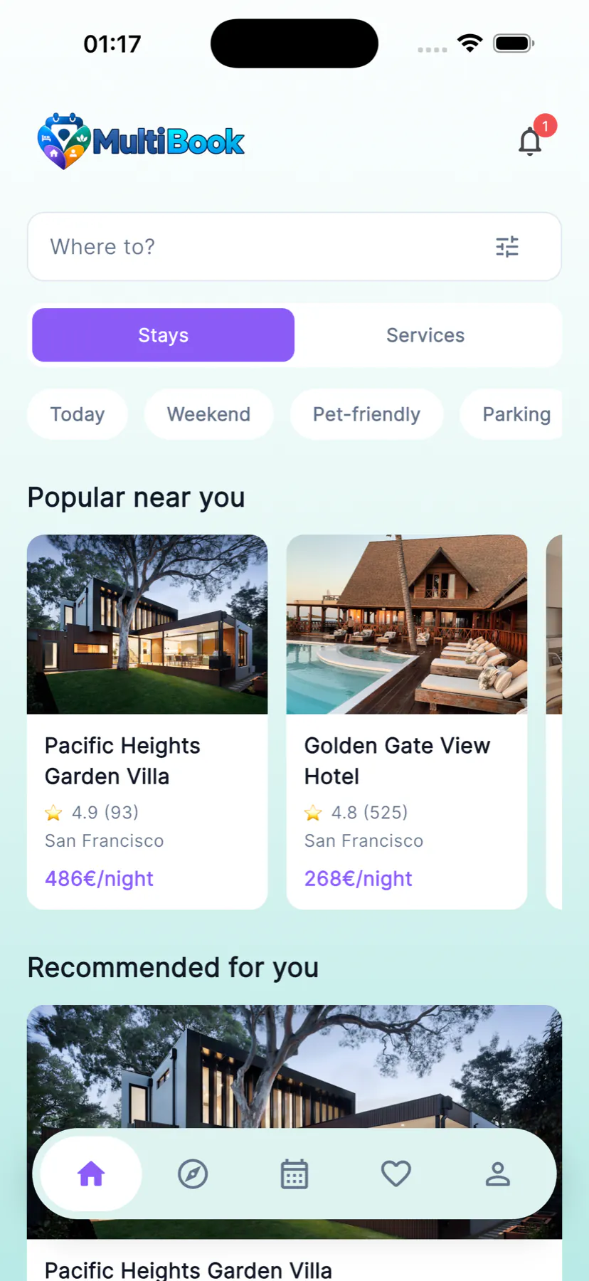 MultiBook customer home with stay discovery, search, filters, and recommendations