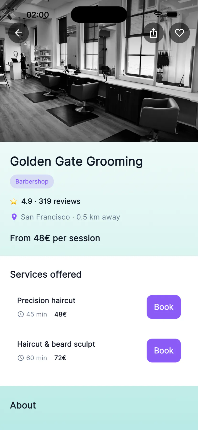 MultiBook service detail with business information and bookable services