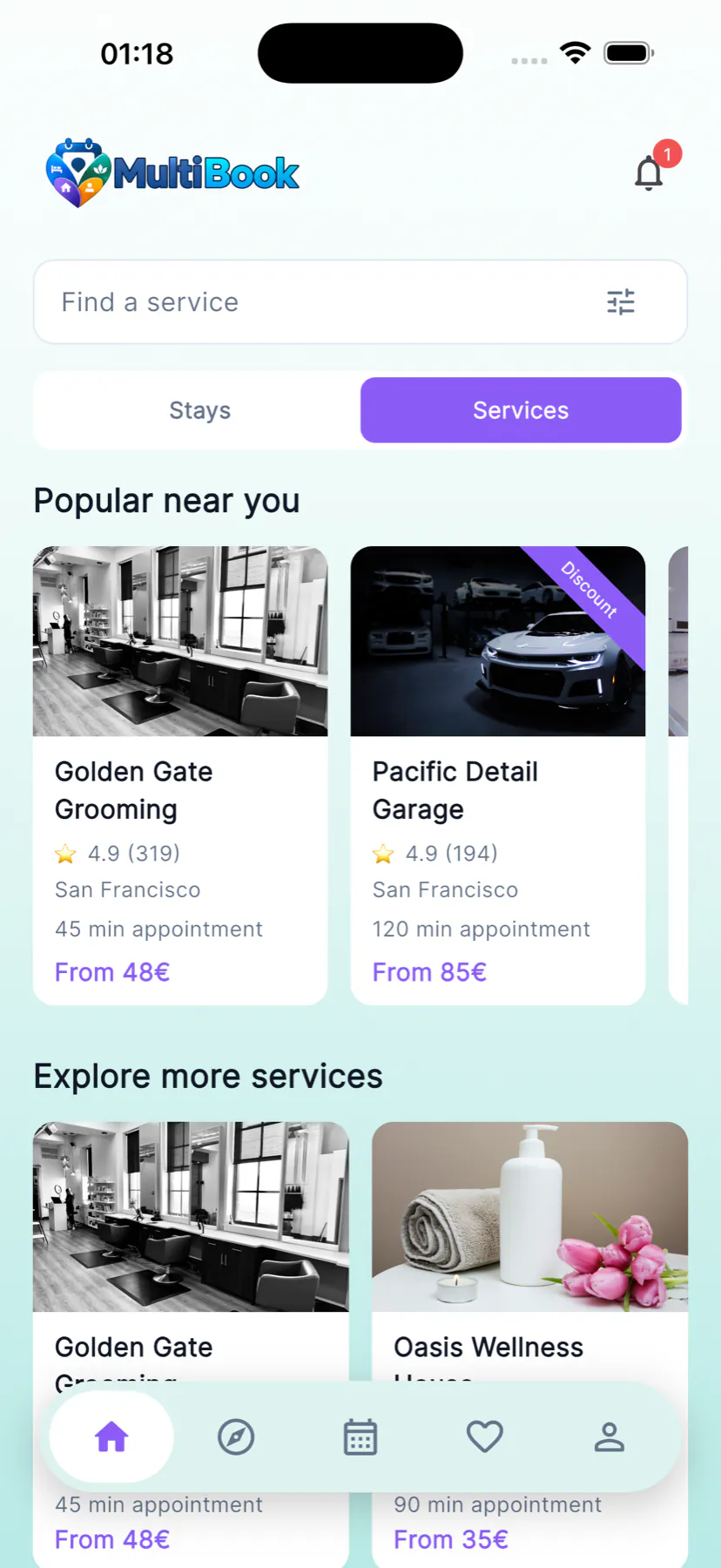 MultiBook customer home showing nearby services and appointment pricing