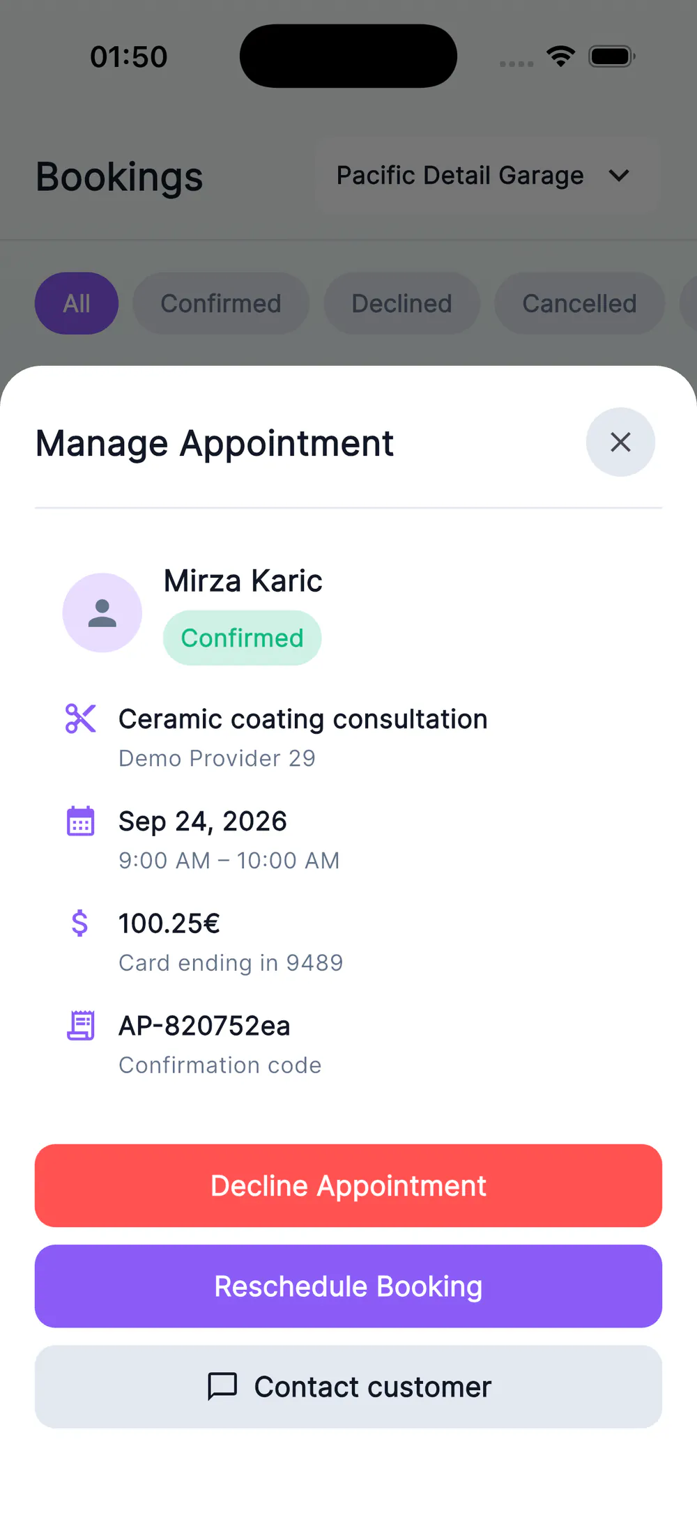 MultiBook appointment management sheet with customer, schedule, payment, and provider actions