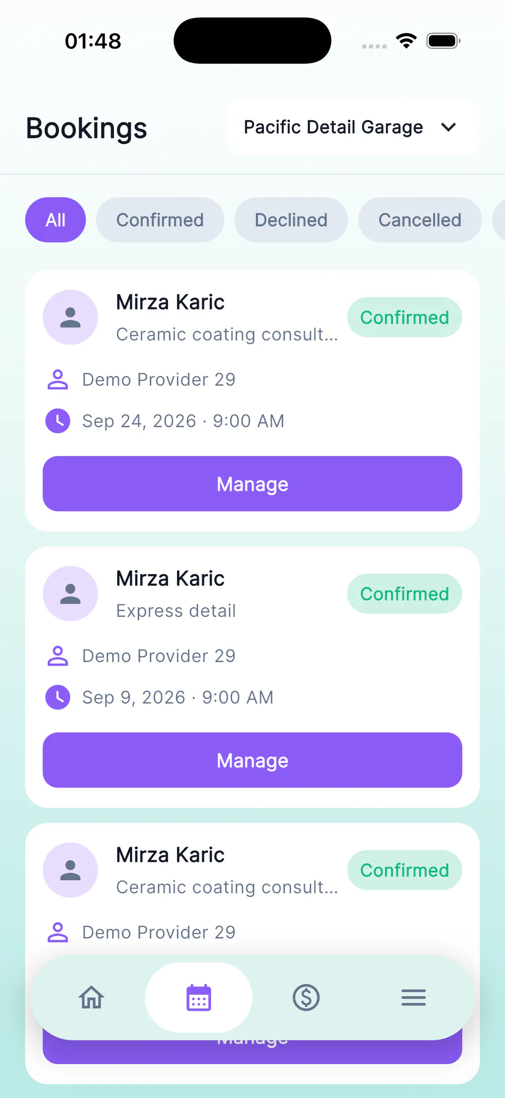MultiBook provider booking list with status filters and business selection