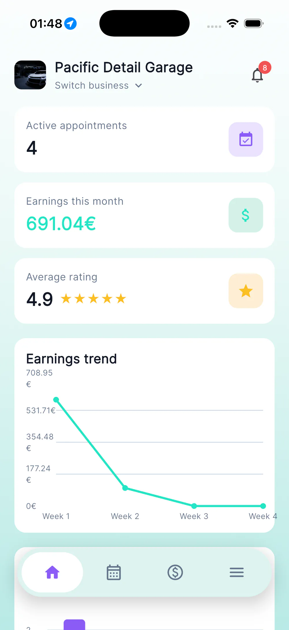 MultiBook provider dashboard with active appointments, earnings, rating, and trend chart