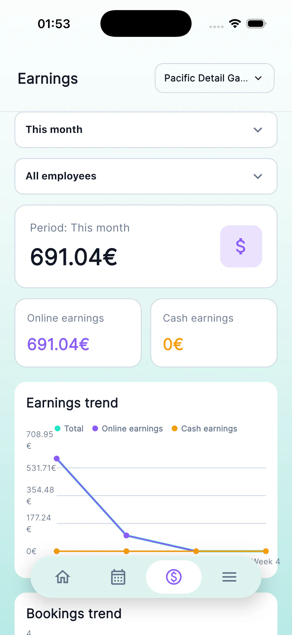 MultiBook provider earnings dashboard with period and employee filters