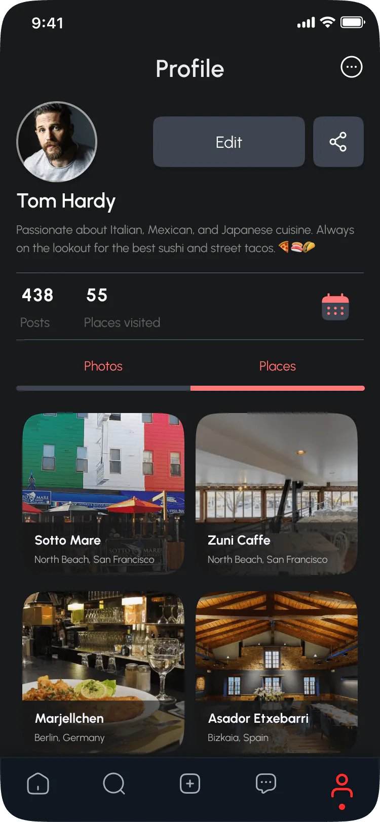 PinTreats user profile with visited places and saved food discoveries