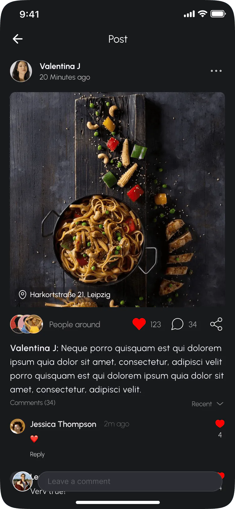PinTreats food post with location, reactions, comments, and sharing controls