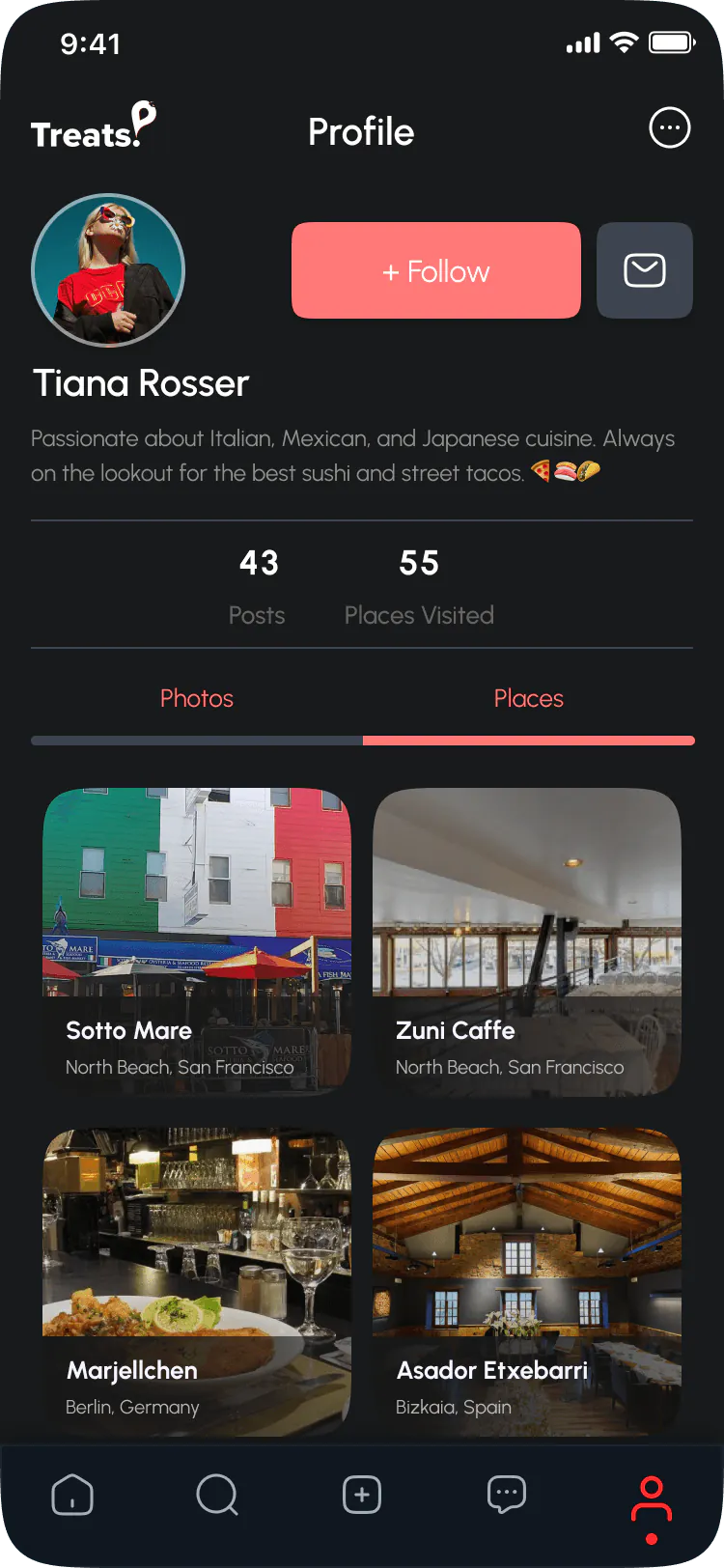 PinTreats public profile with follow and direct message actions