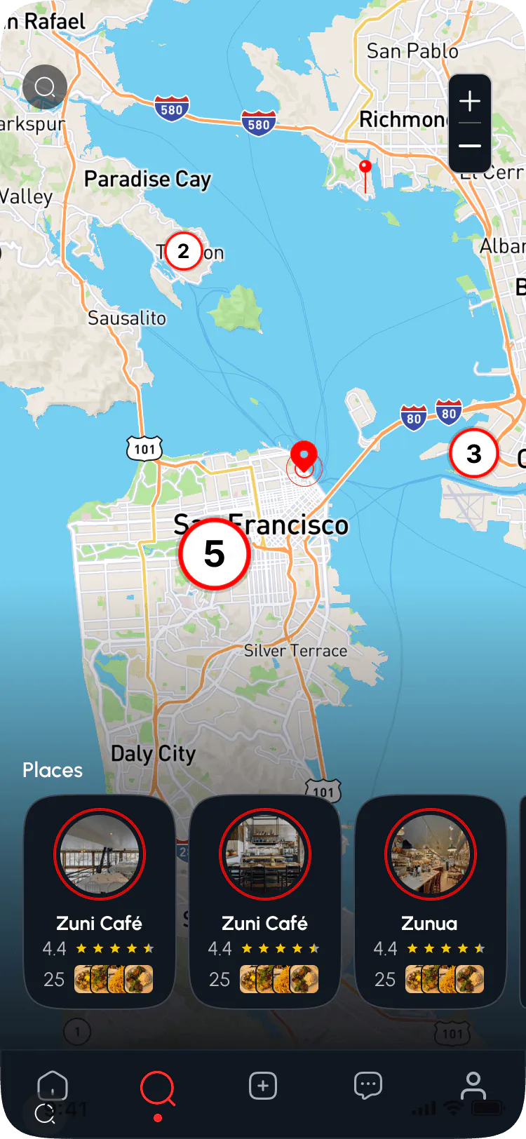 PinTreats map showing nearby restaurants and location clusters