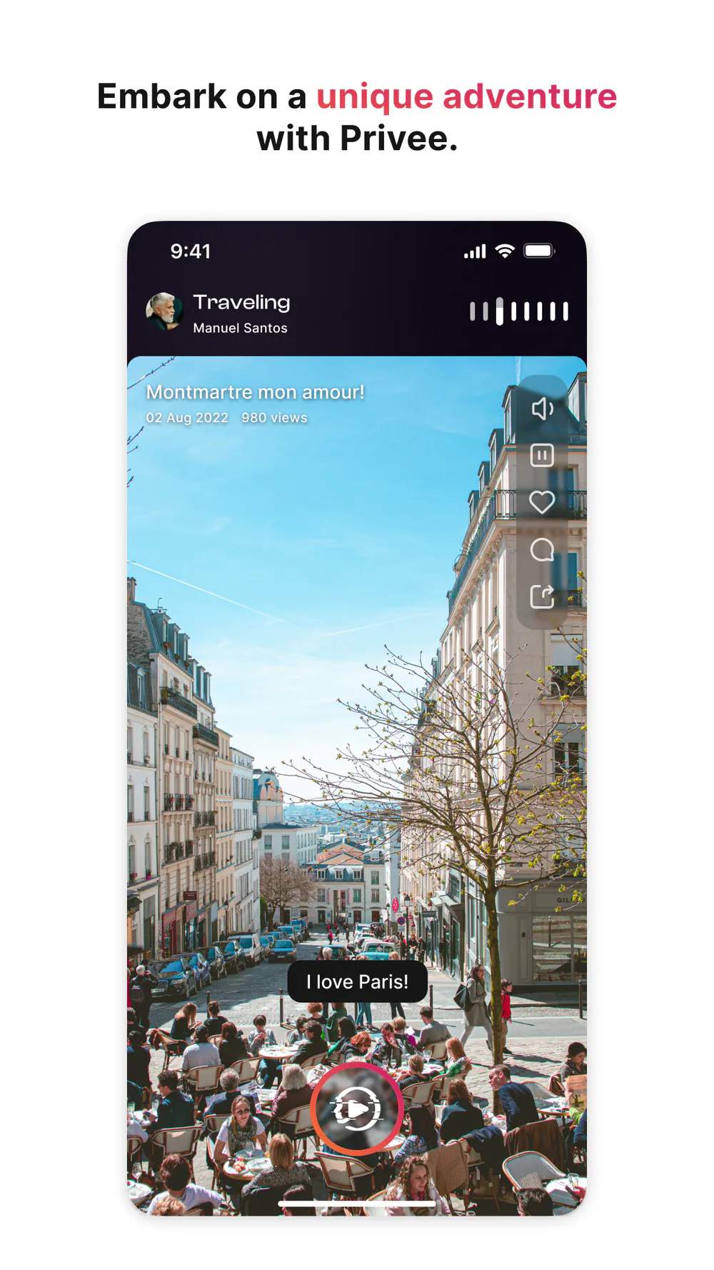 Privee World cinematic story player with playback, reactions, comments, and sharing controls