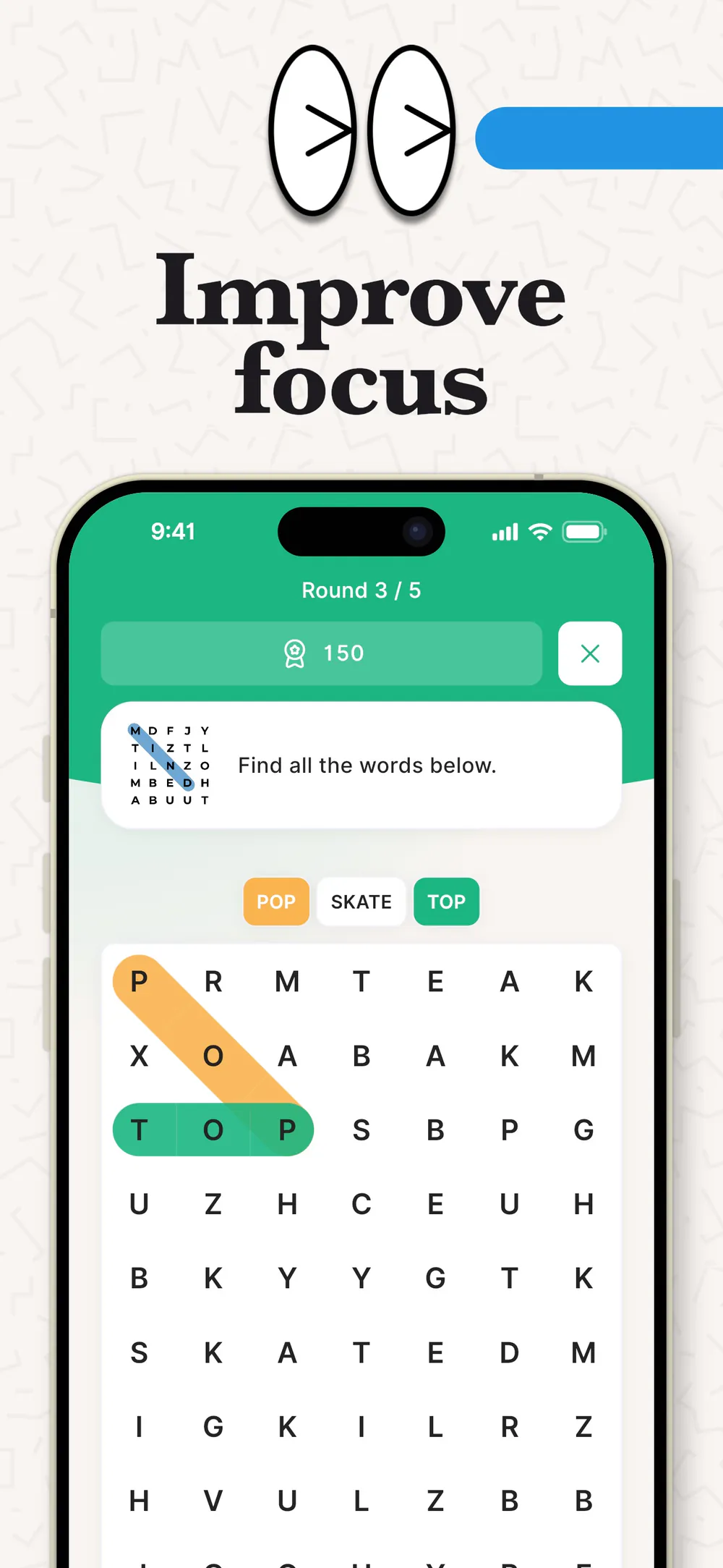 Propel focus game using a timed word-search interaction on a mobile device