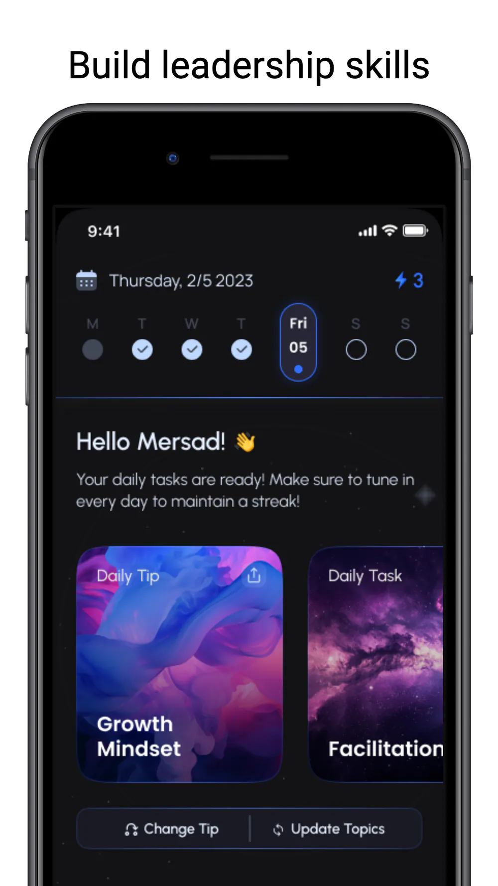 TeamTune home screen with daily leadership tip, task, calendar, and streak