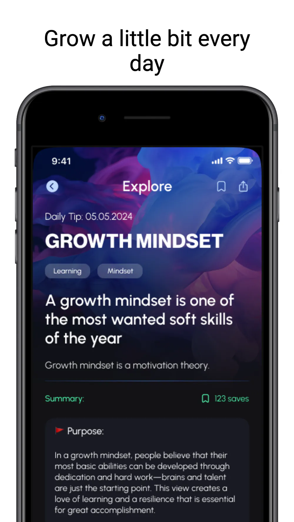 TeamTune leadership content explaining growth mindset with categories and summary