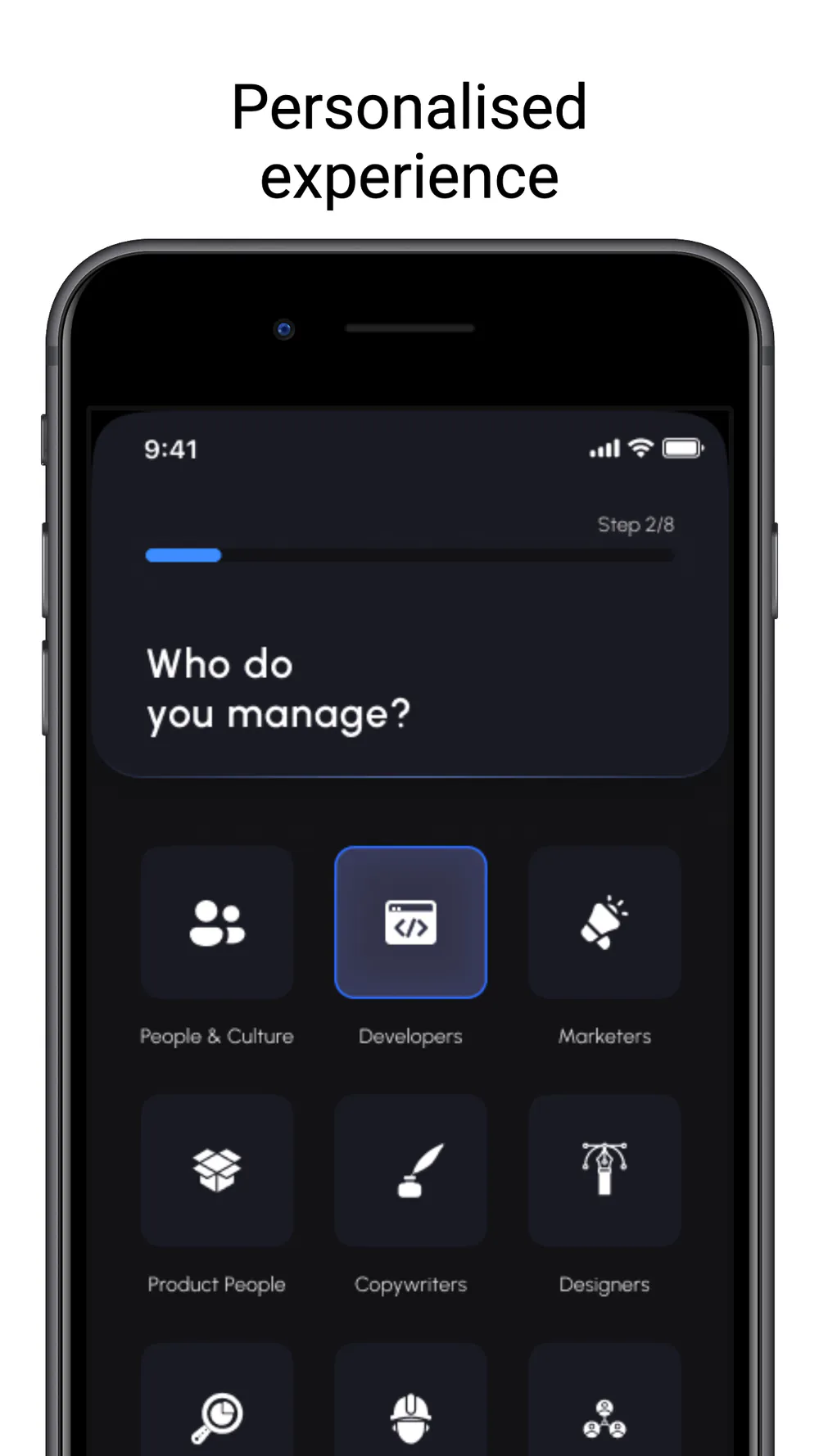 TeamTune personalized onboarding asking which professional group the user manages