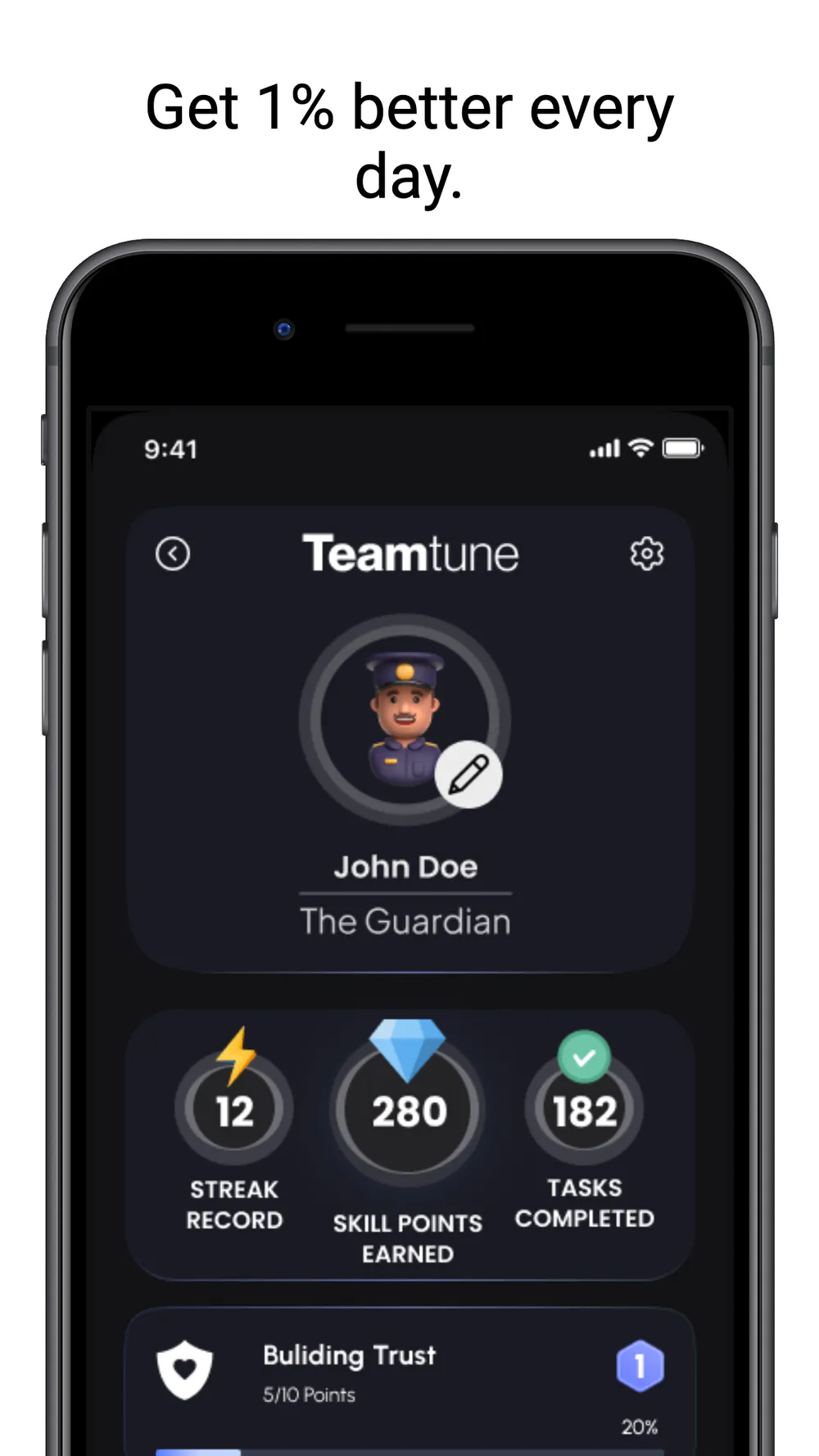 TeamTune profile showing streak record, skill points, completed tasks, and growth progress