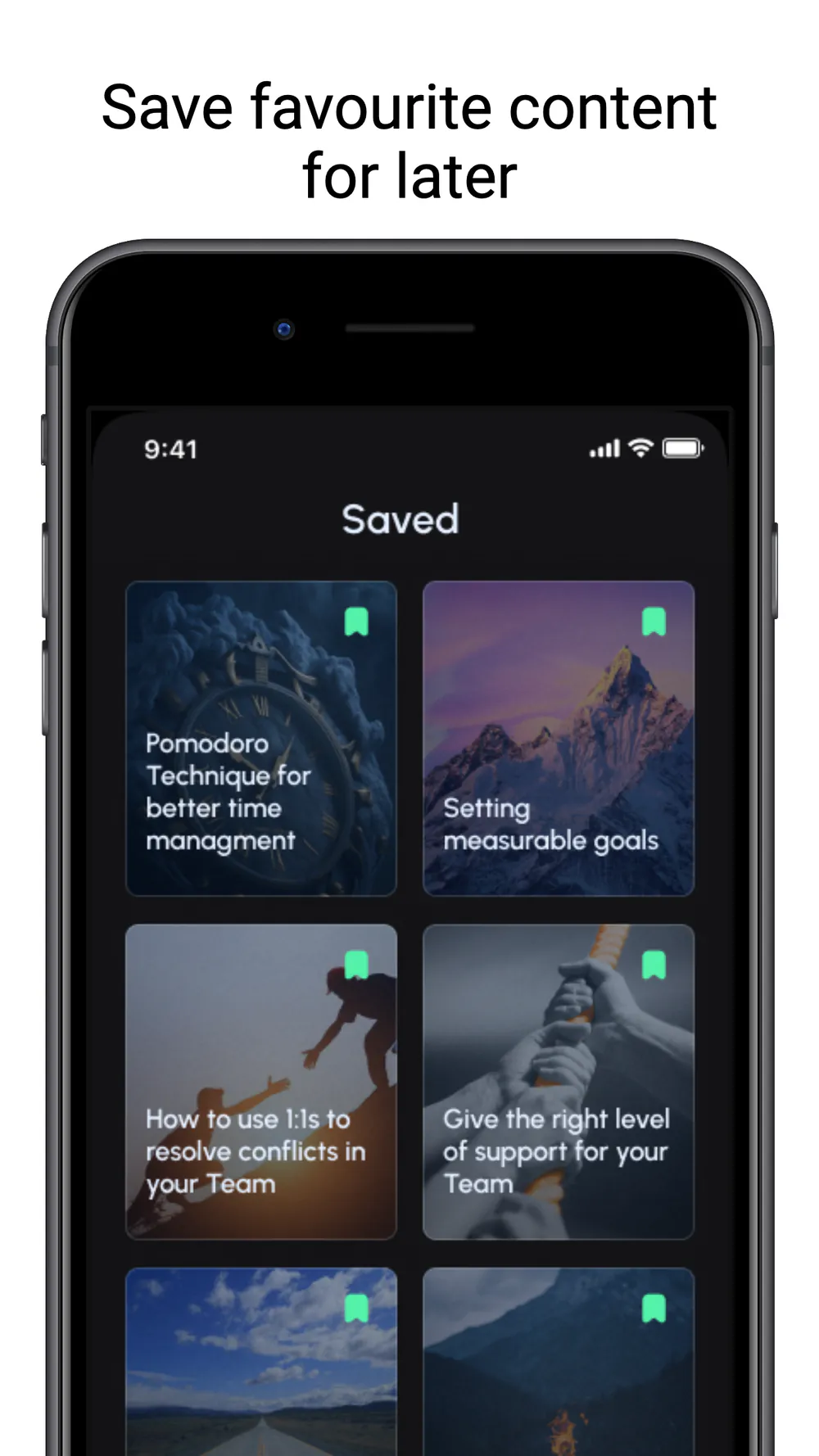 TeamTune saved library with bookmarked leadership and productivity content