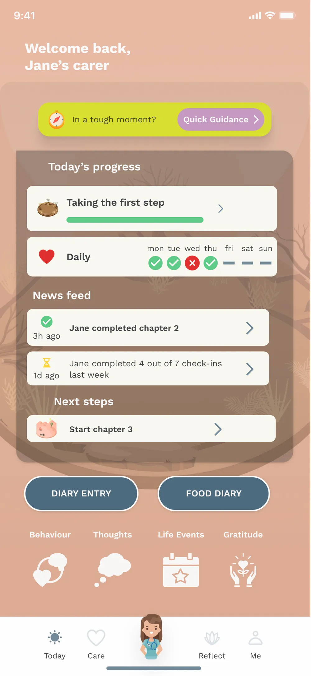 Univa carer home showing programme progress, daily activity, news, and quick guidance