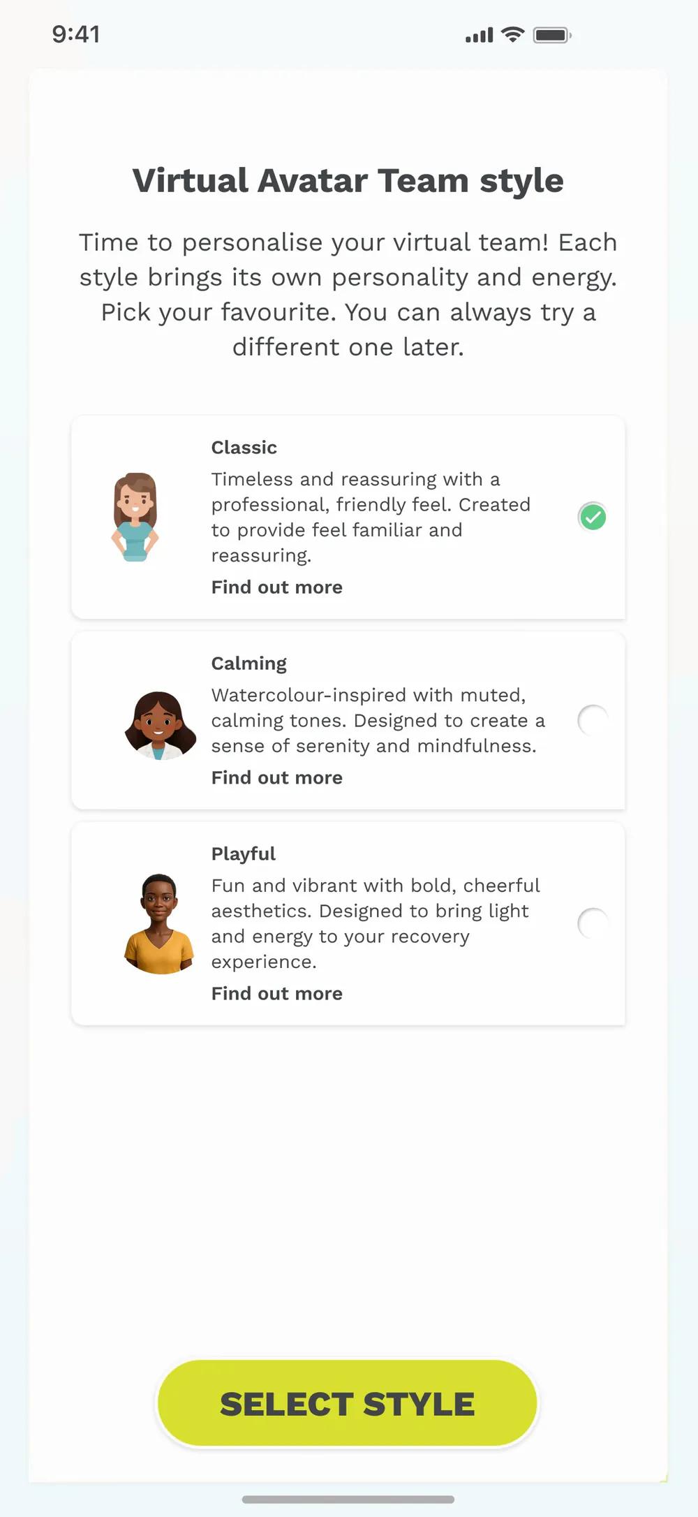 Univa personalization screen for selecting a virtual support team style