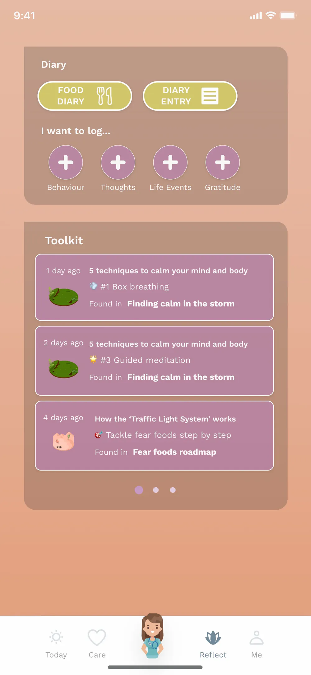 Univa reflection area with food diary, personal diary, and practical toolkit techniques