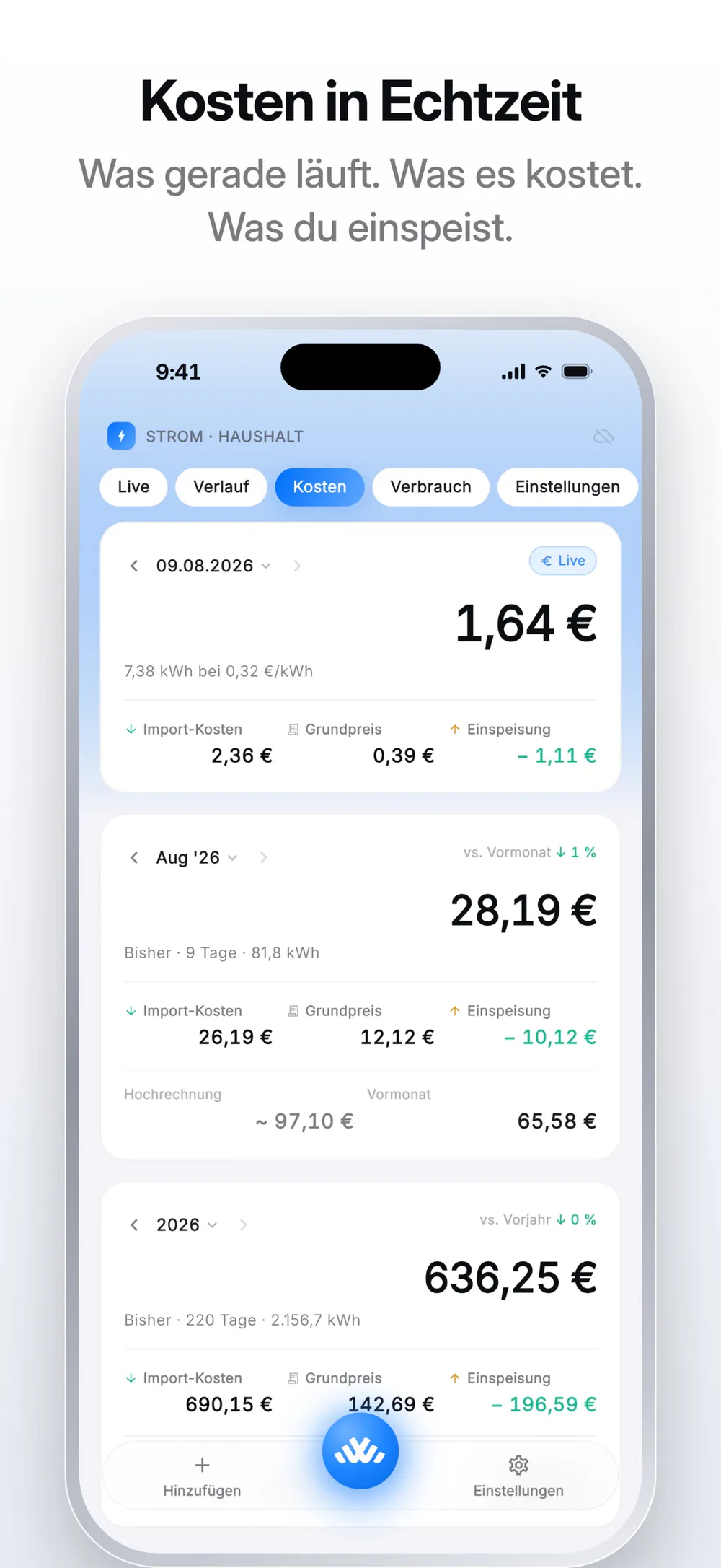 WattWächter cost view with daily, monthly, and yearly electricity cost breakdowns