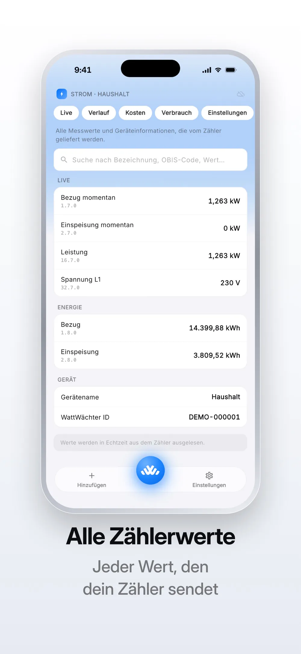WattWächter detailed live electricity meter values and connected device information